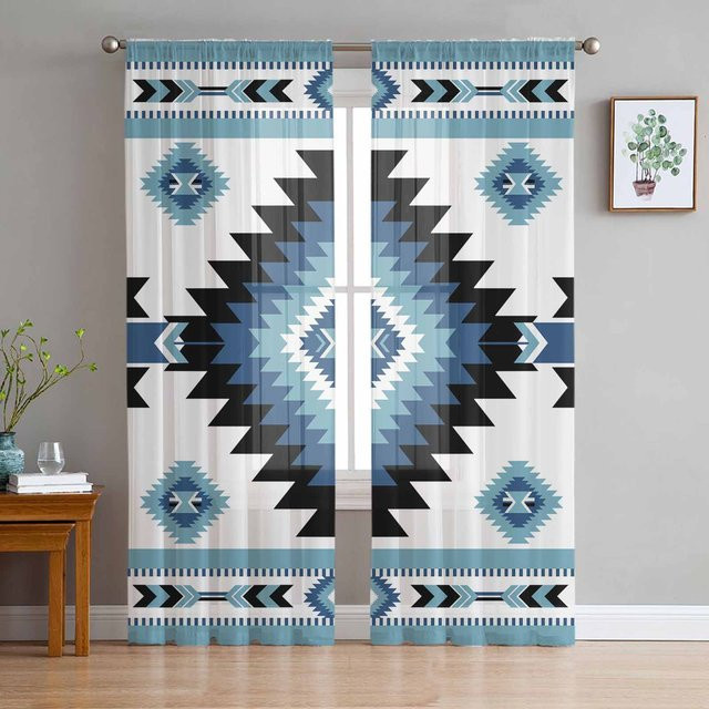 Transparente Vorhänge mit blauem böhmischem geometrischem Muster aus Organza und Tüll, Farbe: Schwarz und Blau, Breite: 135 cm, Höhe: 115 cm - Bild 1
