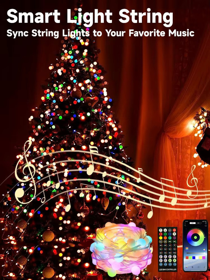 Smart LED String Light mit 100 RGB LEDs, 15m Länge, wasserfest, App- und Fernbedienung gesteuert mit Musik-Synchronisation für Outdoor und Ostern - Bild 2