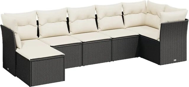 vidaXL 7-tlg Garten-Sofagarnitur aus Poly Rattan mit Kissen in Schwarz - Bild 1