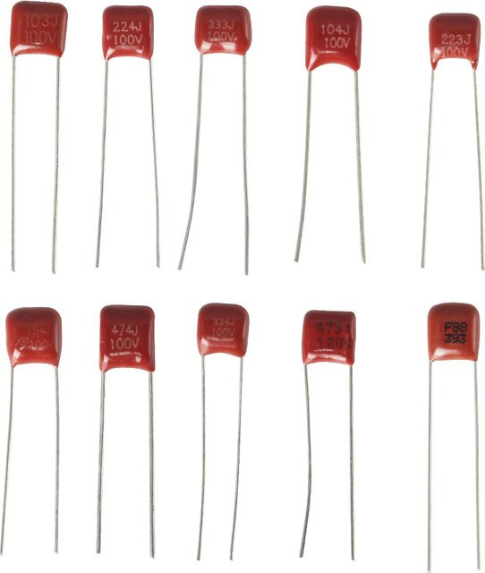 YTDMEN CBB Polypropylen-Folienkondensatoren Set, 100 Stück, 100 V, verschiedene Kapazitäten von 10 nF bis 470 nF, Farbe: rot - Bild 1