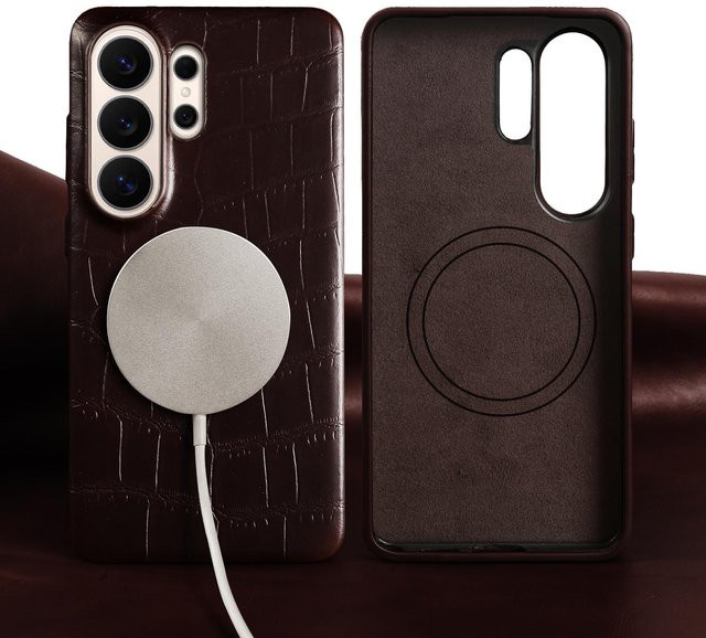 Echte Lederhülle für Samsung Galaxy S26 Ultra, S26 Plus, S24, S23, S22, S20 FE, magnetische Handy Rückabdeckung in Braun - Bild 1