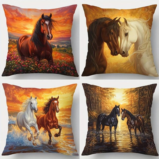 4-teiliges JMG Clothing Kissenbezug-Set mit Pferde-Motiven in Blumenfeldern, Bächen, Wäldern und Sonnenuntergangslandschaften, B/H: 45 x 45 cm, Mehrfarbig - Bild 1