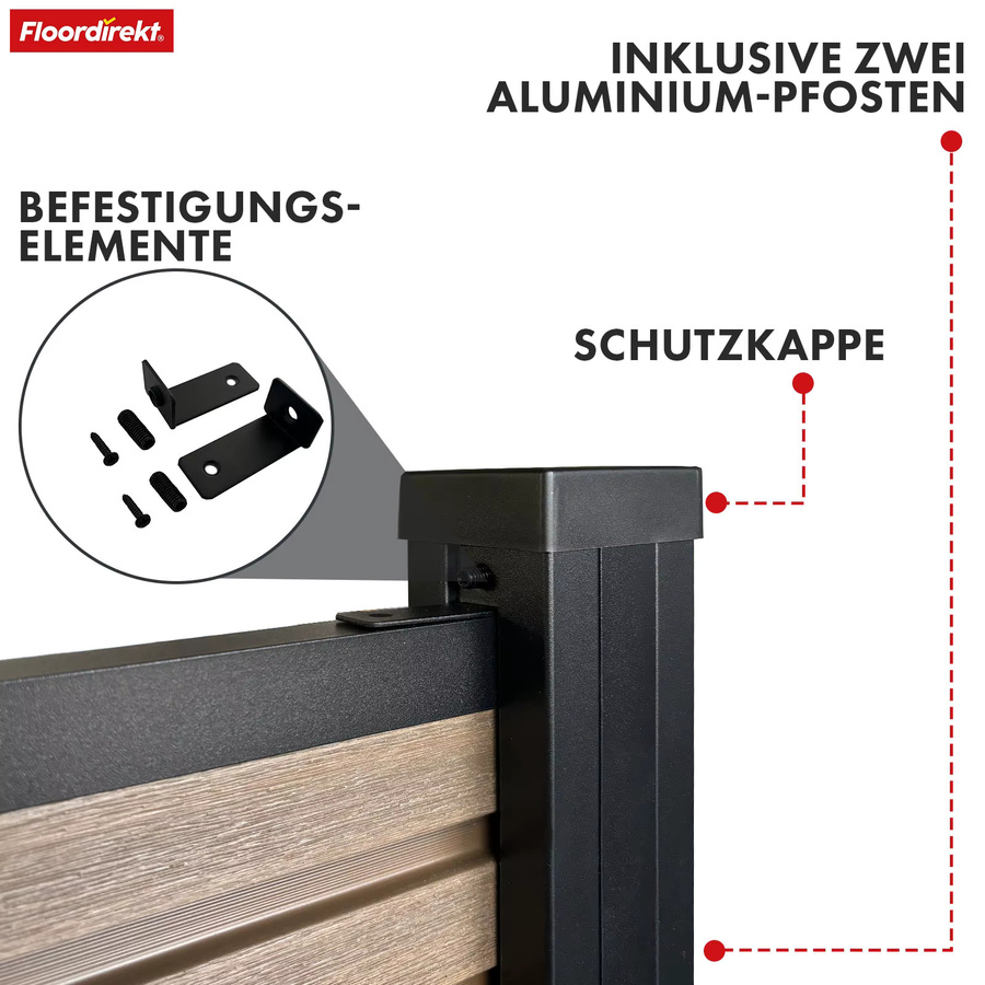 Floordirekt WPC Sichtschutzzaun Kronos mit Aluminium-Pfosten, Farbe Teak, H x B: 180 x 180 cm - Bild 2