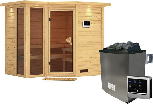 Karibu Sauna Kunda aus Fichtenholz in Beige inklusive 9 kW Saunaofen mit externer Steuerung für 4 Personen, B/T/H: 264 x 198 x 212 cm - Bild 1