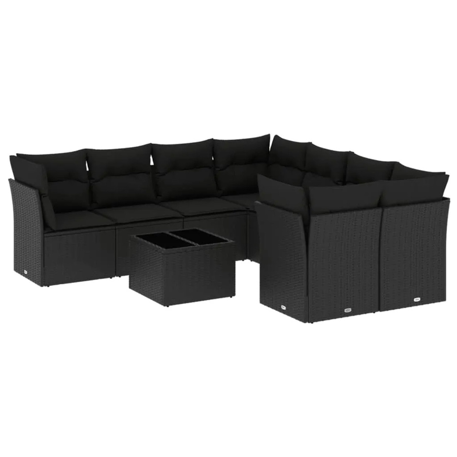 vidaXL 9-tlg Garten-Sofagarnitur in L-Form aus Polyrattan mit Kissen und Tisch, Schwarz - Bild 2