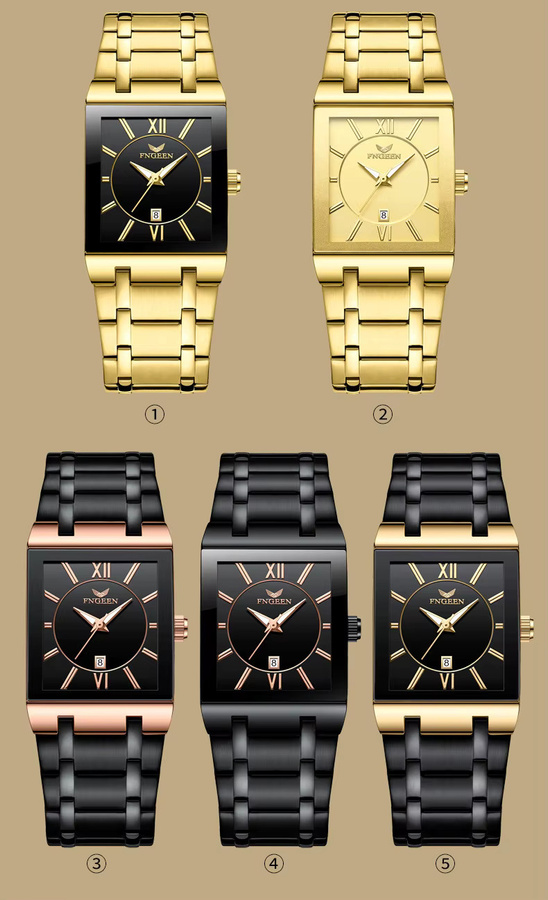 Fngeen Armbanduhr Quarz, Edelstahl, Gold, Herren, Datum, Rechteckig - Bild 5