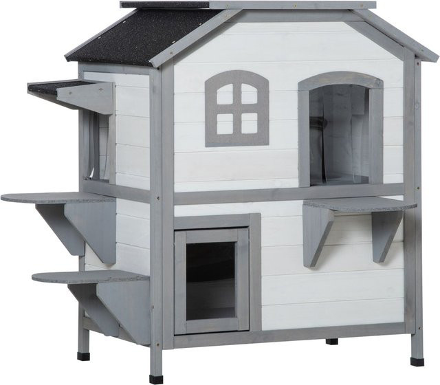 PawHut Katzenhaus Outdoor aus Tannenholz mit Asphaltdach und Treppe, Weiß, B/T/H: 78 x 55,5 x 91 cm - Bild 1
