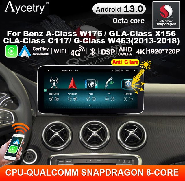 Aycetry Android 13 Autoradio mit Snapdragon 8-Core und Wireless CarPlay für Mercedes Benz A-Klasse W176, GLA, CLA und G-Klasse, Schwarz - Bild 1