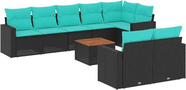 vidaXL 9-teilige Garten-Sofagarnitur aus Poly-Rattan und Akazienholz in Schwarz-Blau mit Kissen - Bild 1