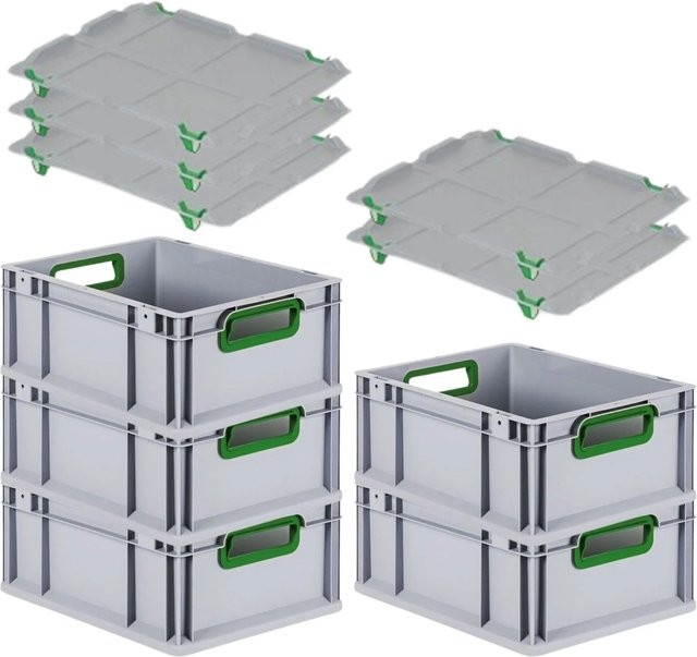 PROREGAL Spar Set 5x Eurobox Nextgen Color mit Auflagedeckel und Schiebeschnappverschlüssen, Farbe Grün, H x B x T: 17 x 30 x 40 cm - Bild 1