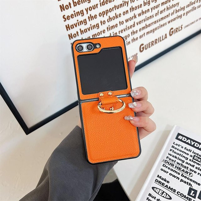 Original Leder Handyhülle mit Ring Ständer für Samsung Galaxy Z Flip 6 5 4 3 in Matt Litschi Optik - Bild 1