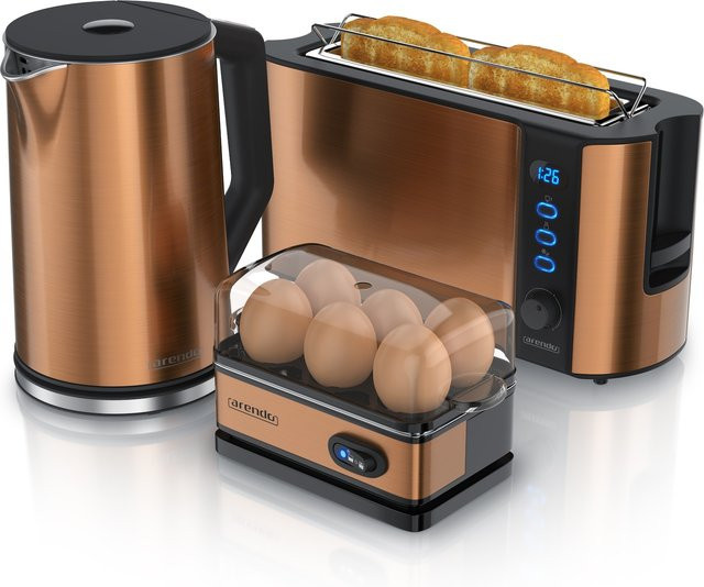 Arendo 3-teiliges Frühstücks-Set in Kupfer mit 2-Scheiben Langschlitz Toaster, 6er Eierkocher und 1,5 Liter Wasserkocher - Bild 1