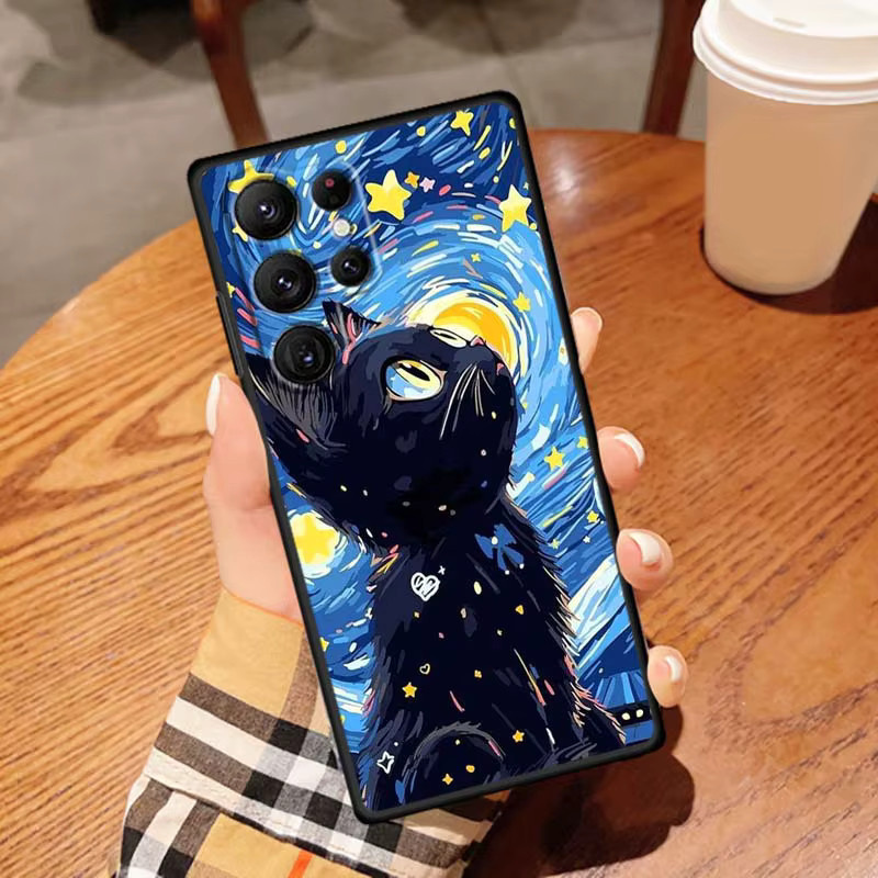 Handyhülle mit Cartoon-Katzen-Illustration für Samsung Galaxy S26 S25 S24 S23 S22 S21 S20 Ultra Plus FE 5G in Schwarz aus weichem TPU - Bild 3