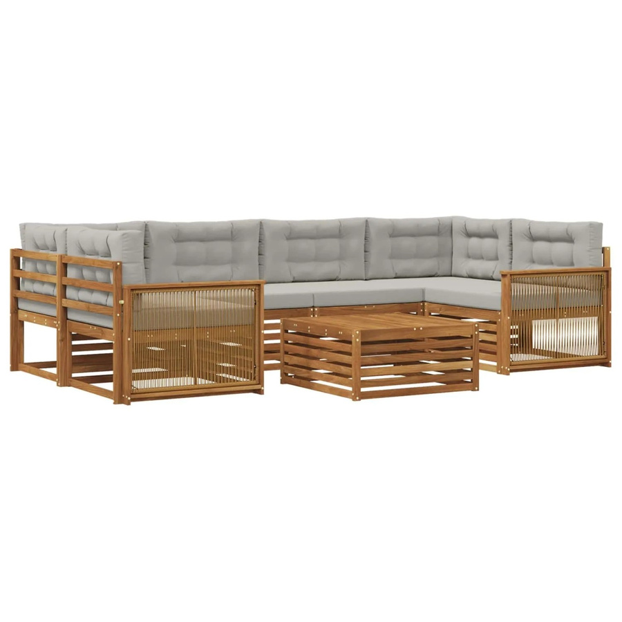 vidaXL Outdoor-Sofagarnitur L-Form aus Massivholz Akazie mit 7 Kissen in Natur und Hellgrau - Bild 2