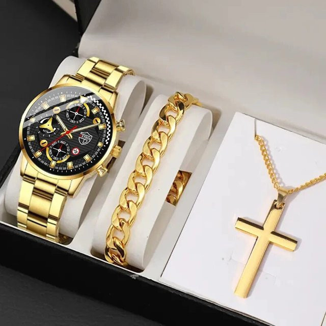 DEYROS Armbanduhr Set, Quarz, Edelstahl, Bicolor, Gold, Schwarz, Herren - Bild 1