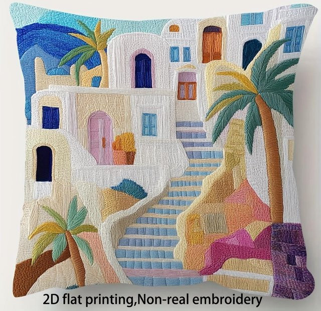 Bestickter Kissenbezug mit Mittelmeer-Küsten-Dorf Motiv von JMG Clothing in Multicolour, Boho Design für Wohnzimmer und Schlafzimmer, B/B: 45 x 45 cm - Bild 1