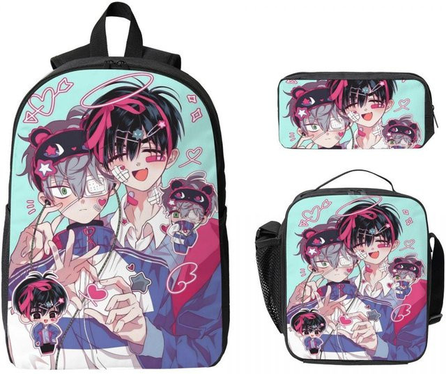 Fancy Style Studio 3er Set Schulranzen mit Federmäppchen und Brotdose im Ivan Alien Anime Design für Kinder, Mehrfarbig - Bild 1