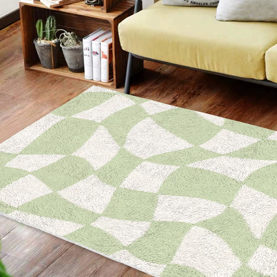 Karierter Plüschteppich in Salbei Grün im modernen Y2K-Design für Wohnzimmer und Schlafzimmer - Bild 2