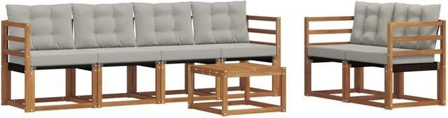 vidaXL 7-teilige Outdoor-Sofagarnitur aus Akazienholz und Textilene in Natur und Grau mit Kissen und Tisch - Bild 1