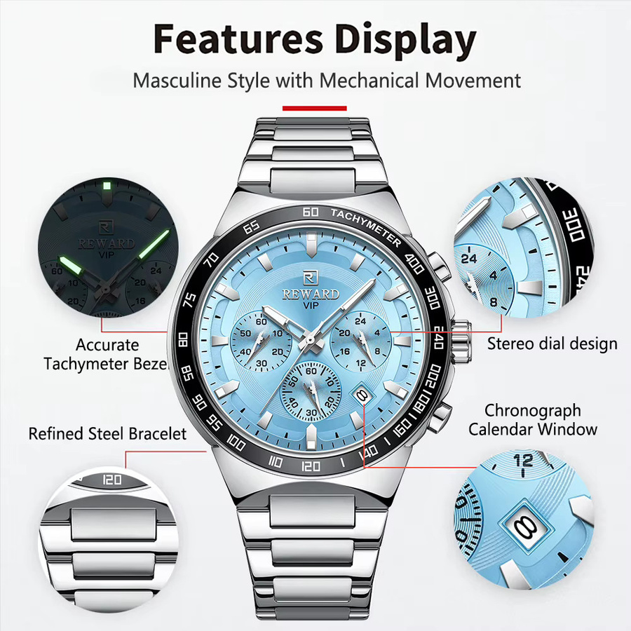 BELOHNUNG Armbanduhr Chronograph, Quarz, Edelstahl, Blau, Silber, Herren - Bild 2