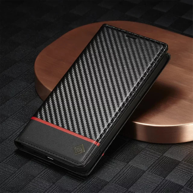 EUCAGR Handyhülle im Buchformat aus Carbonfaser und PU-Leder für iPhone Modelle in Schwarz - Bild 1