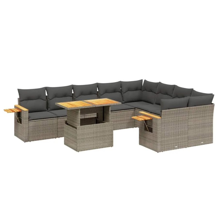 vidaXL 10-teilige Garten-Sofagarnitur aus Poly-Rattan und Akazienholz in Grau mit Kissen - Bild 2