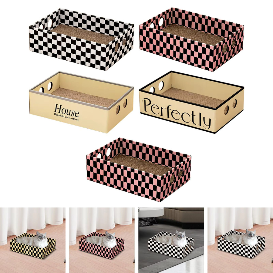 Kesoto Katzenkratzbox aus Wellpappe in Rot mit Karomuster als Katzen-Lounge und Kratzunterlage - Bild 3