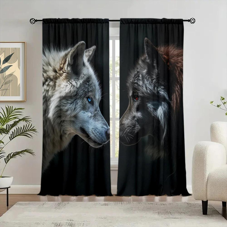 2er-Set Wolf-Vorhänge mit Grafikprint in Schwarz und Weiß, halbtransparent, B: 52,5 cm, H: 116 cm - Bild 3