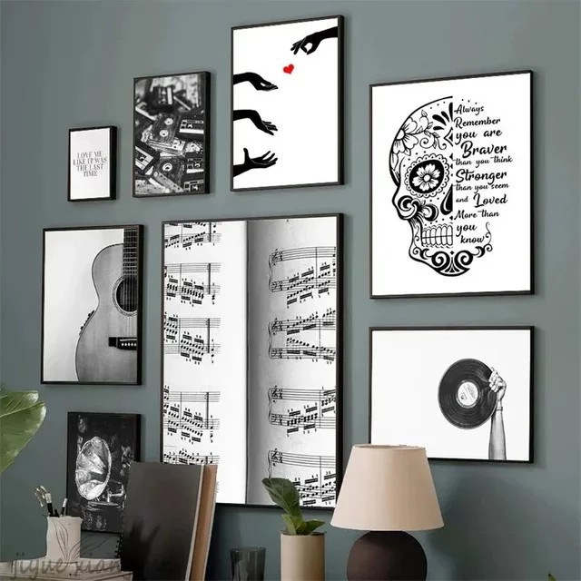 Red Love Music Wandkunst von Potdemiel, minimalistisches Leinwandgemälde in Schwarz-Weiß mit Typografie und Herzen, rundes Poster für deine moderne Heimdekoration - Bild 1