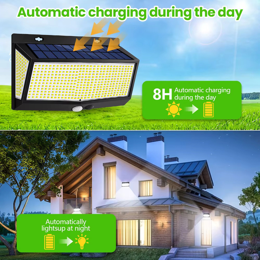 Solarbetriebene LED Außenleuchten mit 528 LEDs und Bewegungsmelder, wasserdichte Solar-Flutlicht-Wandleuchten für Garten, Terrasse und Hof, Schwarz - Bild 2