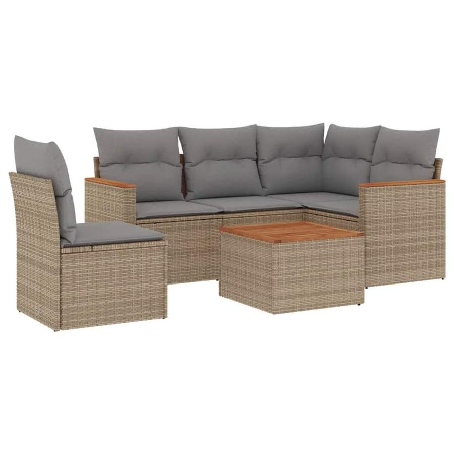 vidaXL 6-teilige Garten-Sofagarnitur aus Poly-Rattan und Akazienholz in Beige mit Kissen - Bild 2
