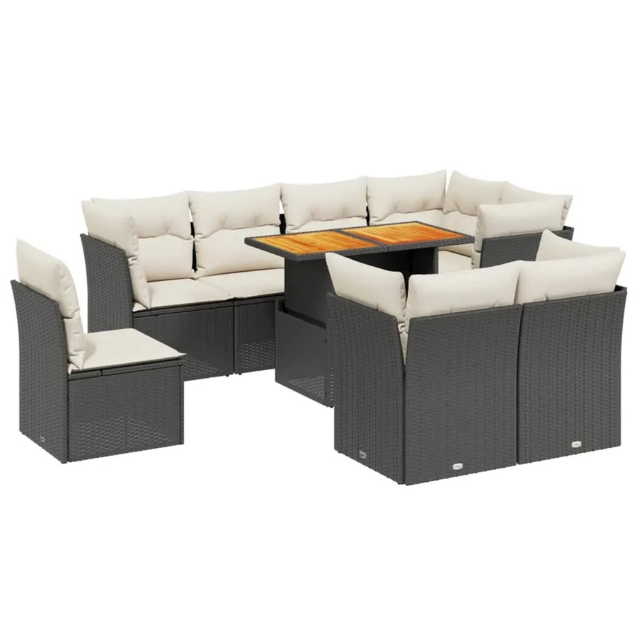 vidaXL 9-teilige Garten-Sofagarnitur in L-Form aus Poly-Rattan und Akazienholz mit Kissen in Schwarz-Creme - Bild 2
