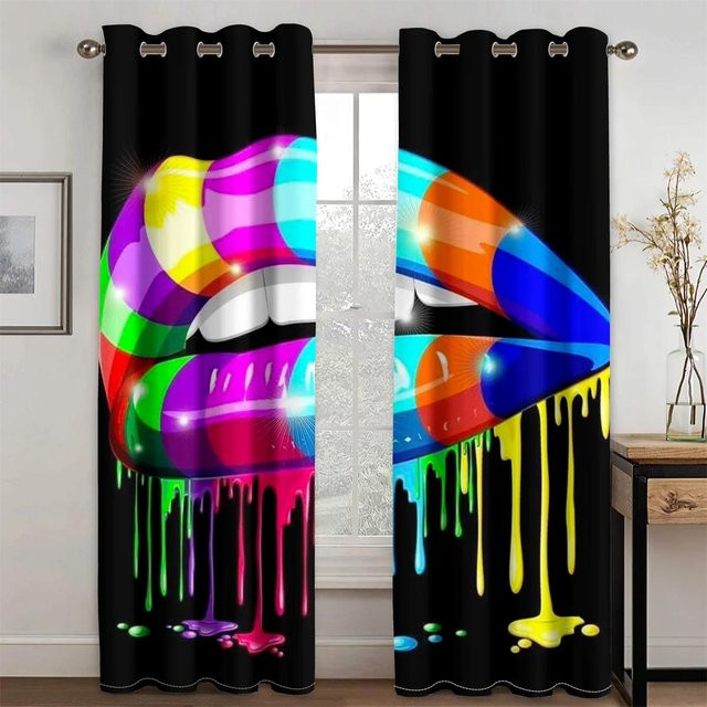 2er-Set Regenbogen Vorhänge mit abstraktem Mund-Motiv, halbtransparente Fenstergardinen für Wohnzimmer und Schlafzimmer, Mehrfarbig, Breite: 100 cm, Höhe: 160 cm - Bild 1
