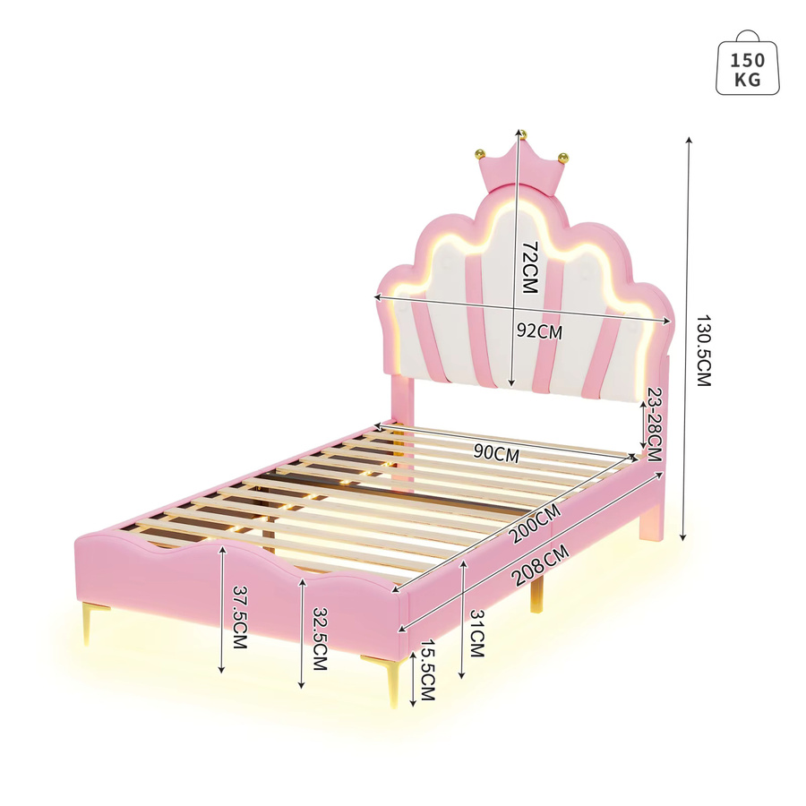 Anajqaqia Polsterbett für Kinder und Mädchen in Pink mit Kronen-Design, höhenverstellbarem Kopfteil und Unterbettbeleuchtung, Einzelbett mit Lattenrost, B/T: 90 x 200 cm - Bild 2