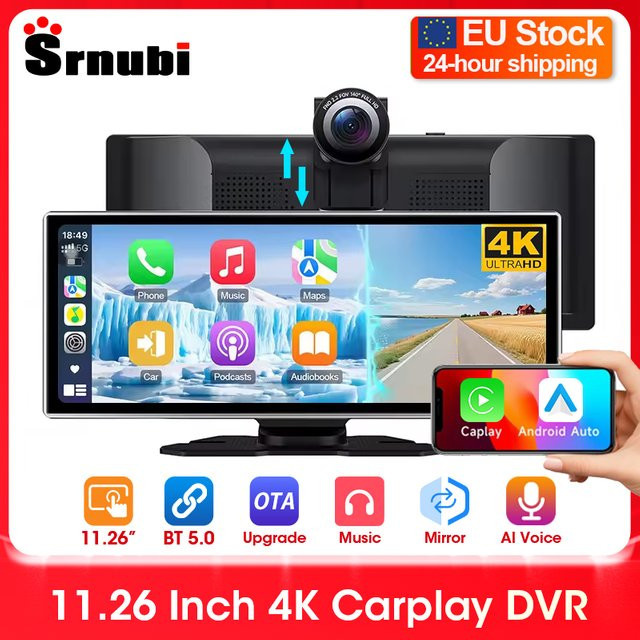 Srnubi 4K Dash Cam mit 11,26 Zoll Display, Wireless CarPlay & Android Auto, Tragbarer Auto DVR mit GPS Navigation, Schwarz - Bild 1