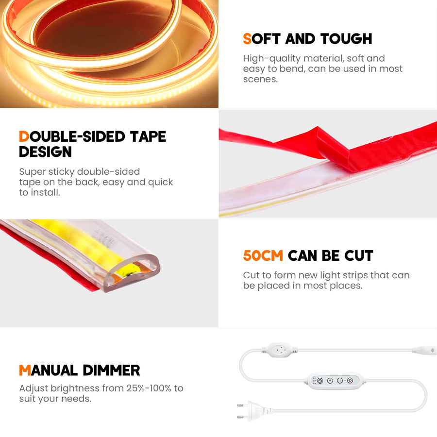 HAGAHA Dimmbares COB LED-Lichtband Set mit EU-Netzteil, Wasserdichtes Flexibles LED-Band mit 288 LEDs in Weiß, 220V-230V - Bild 3