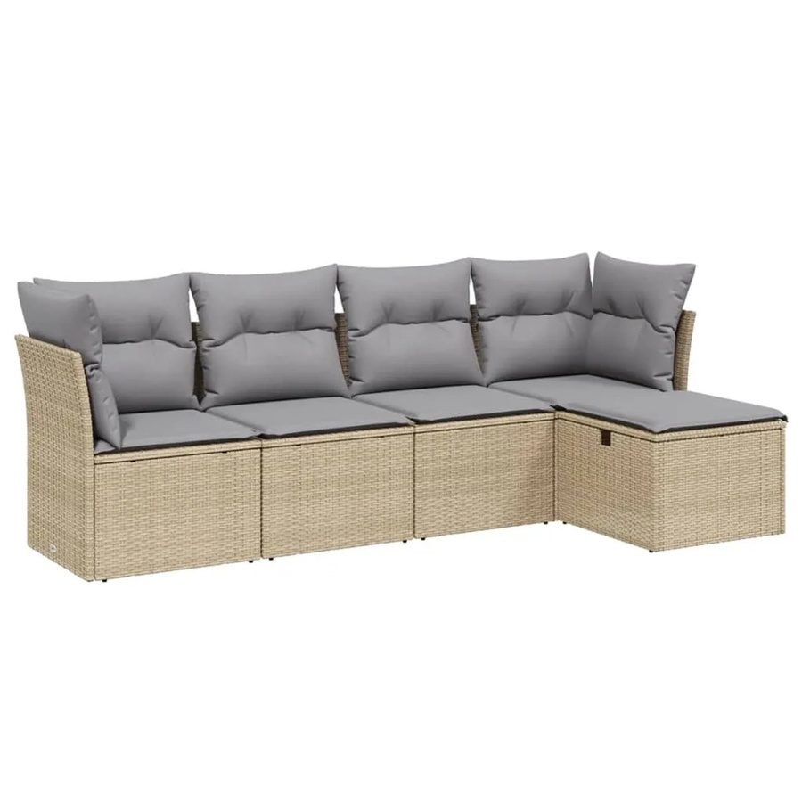 vidaXL 5-tlg Garten-Sofagarnitur aus Poly Rattan in Beige mit Kissen und Ottoman, L-Form für Terrasse und Garten - Bild 2