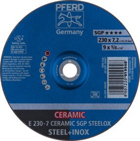 PFERD Schruppscheibe Ceramic Leistungslinie SGP STEELOX für Stahl und Edelstahl, Farbe: Blau, Durchmesser: 230 mm, Breite: 7,2 mm, Bohrung: 22,23 mm - Bild 1