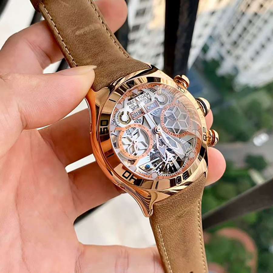 Reef Tiger Herrenuhr, Automatik, Roségold, Leder, Schwarz - Bild 2