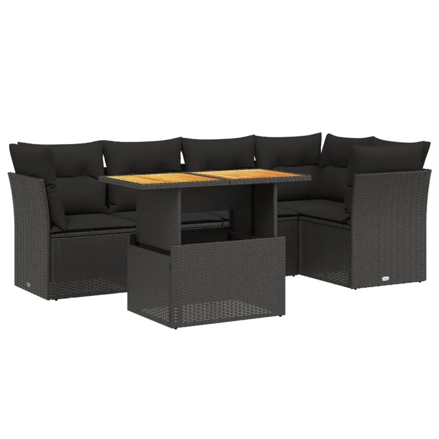 vidaXL 5-teilige Garten-Sofagarnitur in L-Form aus Polyrattan und Akazienholz mit Kissen in Schwarz - Bild 2