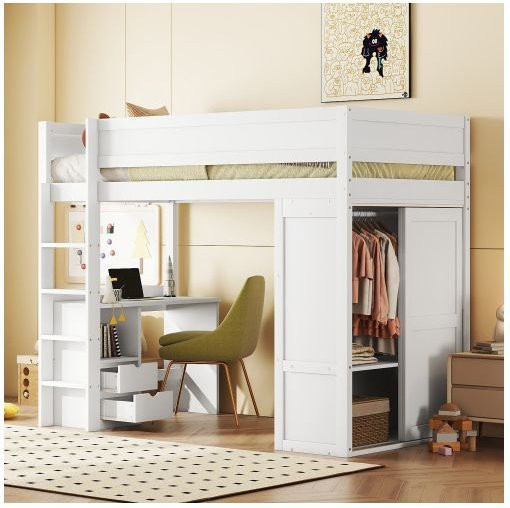 MUVOE Hochbett für Kinder mit Schrank, Schreibtisch und integrierter Beleuchtung, Weiß, B: 90 cm, L: 200 cm - Bild 1