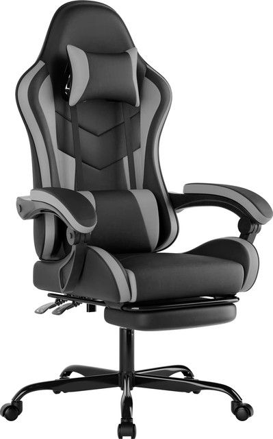 WOTSTA Gaming-Stuhl mit Fußstütze in Schwarz-Grau, ergonomischer Computerstuhl mit Lendenkissen und Kopfstütze, höhenverstellbar - Bild 1