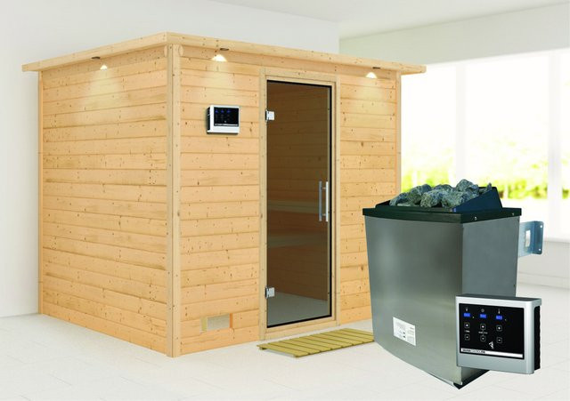 Karibu Sauna Sarina aus Fichte und Espe mit 9,0 kW Ofen, externem Steuergerät, LED-Dachkranz und Ganzglastür in Grau-Braun, B/T/H: 231 x 200 x 196 cm - Bild 1