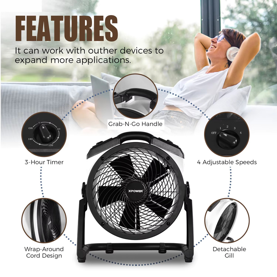 XPower FC-100 Hochleistungs-Industrie-Luftbeweger in Orange, Mehrzweck-Bodenventilator mit variabler Geschwindigkeit - Bild 5