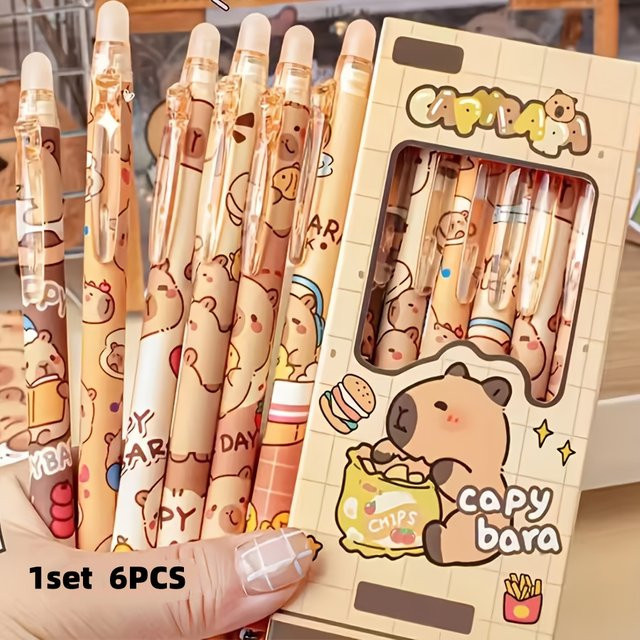6er Box löschbare Gelstifte mit Capybara-Motiv, blaue Tinte, 0,5 mm Stiftstärke, ideal für Schule und Büro - Bild 1