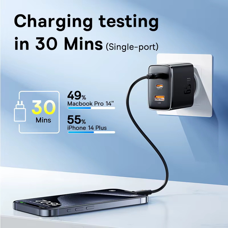 Baseus 65 W GaN USB C Ladegerät in Schwarz mit QC und PD Schnellladefunktion für iPhone, Xiaomi und Laptops - Bild 3
