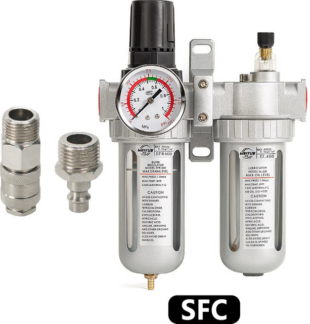 Luftkompressor Luftfilter Regler mit Öl-Wasser-Abscheider und automatischem Ablauf, Farbe: Silber, passend für SFC-200, SFC-300 und SFC-400 - Bild 1