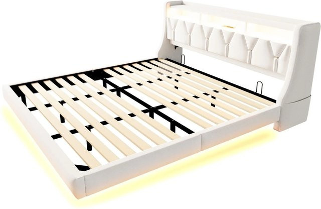 okwish Polsterbett Beige mit LED-Beleuchtung, USB-Anschluss und Ablage B/T/H: 180 x 200 x 115,5 cm - Bild 1