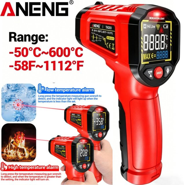 ANENG TH203 Infrarot-Thermometer in Rot mit einstellbarer Emissivität für berührungslose Temperaturmessung von 50 °C bis 600 °C als Pyrometer und IR Hygrometer für Industrie und Haushalt - Bild 1