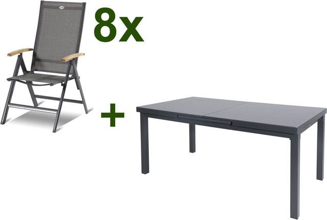 Hartman Aruba Garten-Essgruppe aus Teak und Aluminium in Anthrazit mit ausziehbarem Tisch und 8 Klappstühlen, Tisch B: 180 bis 240 cm, B/T/H: 240 x 100 x 76 cm - Bild 1